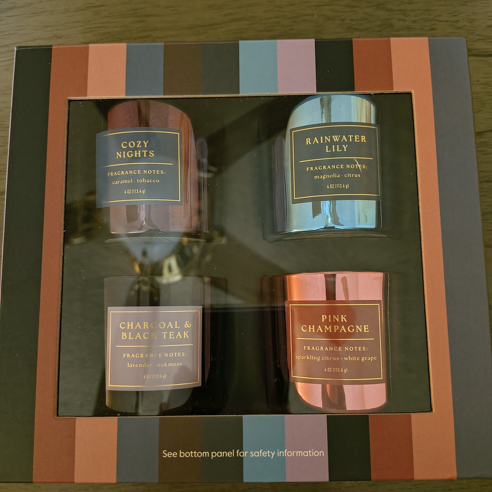 Cozy Nights, Pink Champagne, Rainwater Lily, Charcoal & Black Teak Candle Set